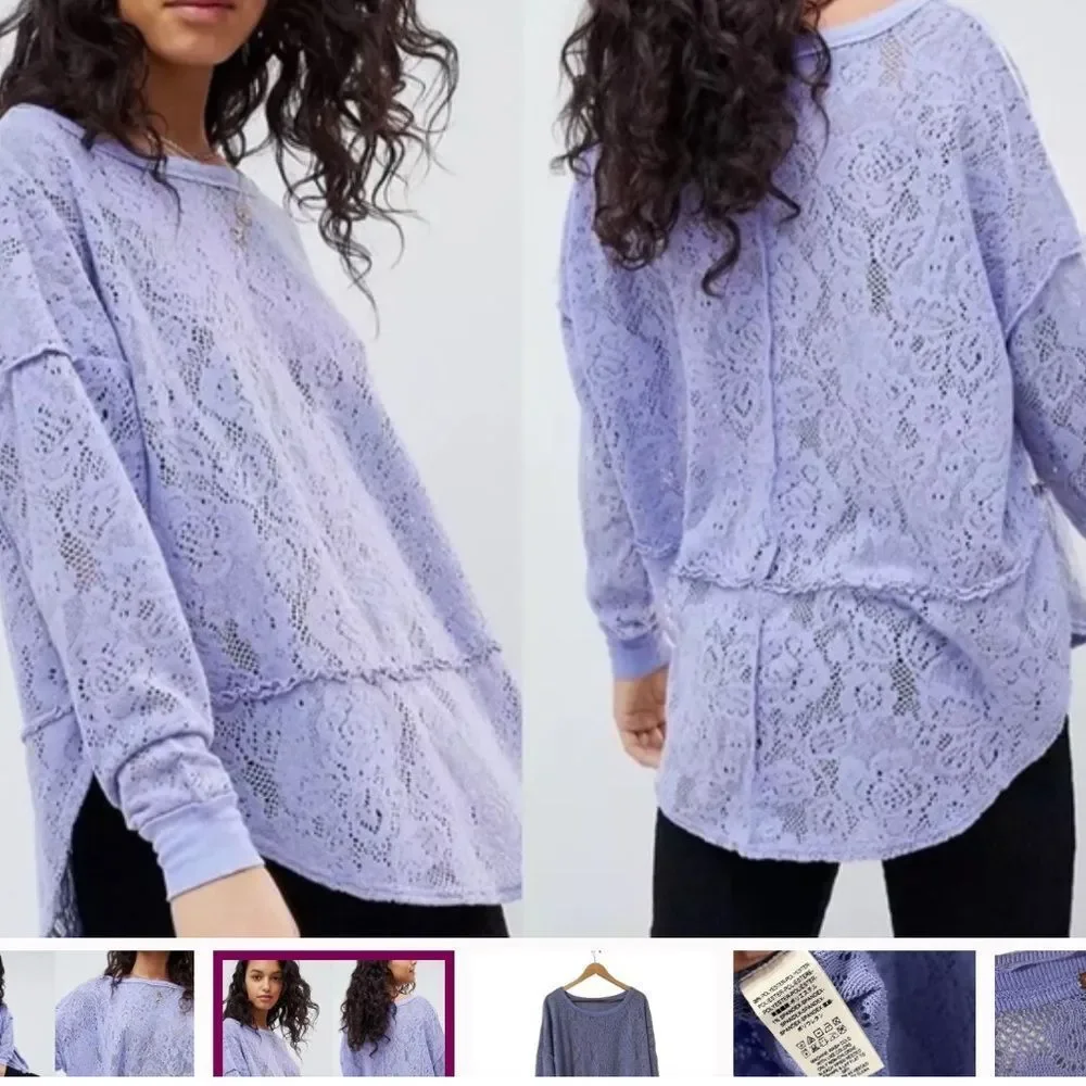 Free People Not Cold in This Lilac Lace Pullover Crew Top Size Small